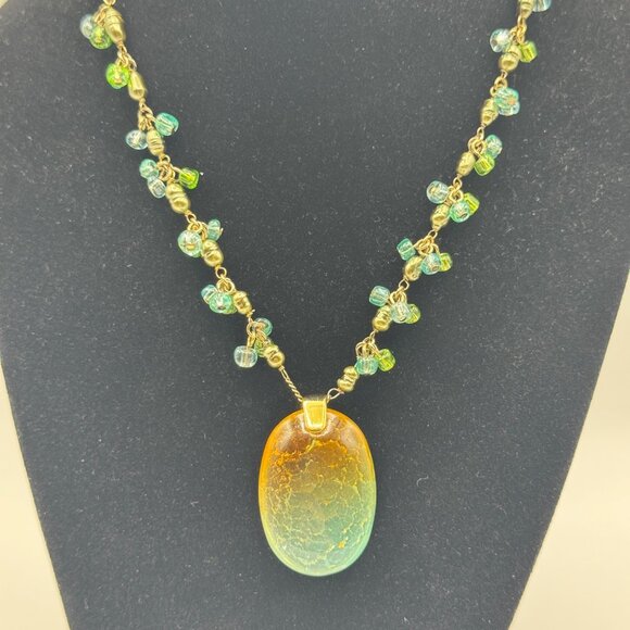 Monet Gold-Tone Chain Necklace With Green Bead Accents & Oval Glass Pendant - Picture 2 of 6